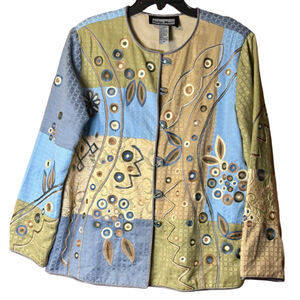 Indigo Moon Embroidered Patchwork Jacket Blue Green Floral Medium
